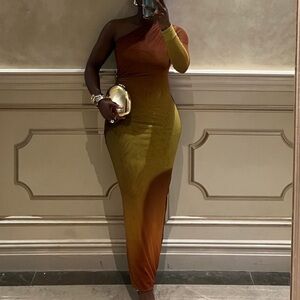 Chic One-Shoulder Ombre Dress in Brown and Yellow